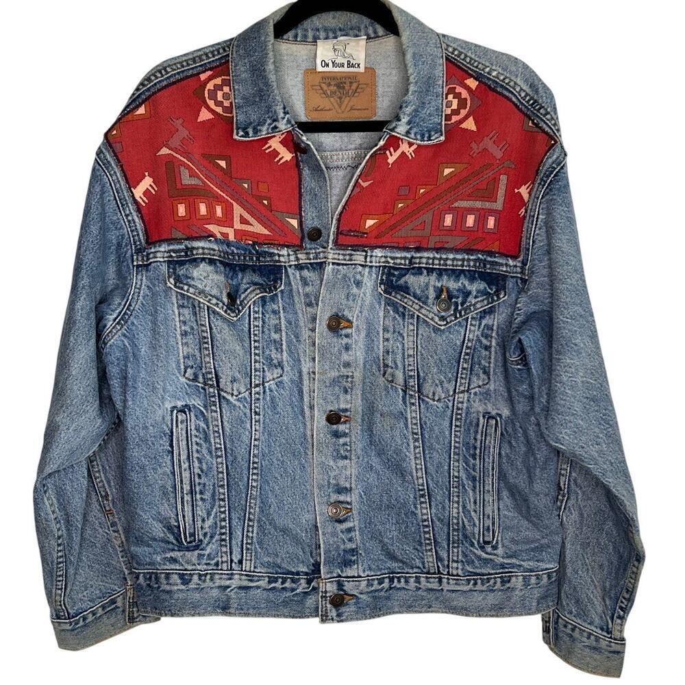 Vintage On your Back International Denim Aztec Long Sleeve Jean Jacket Blue M